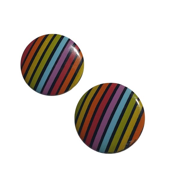 Handmade Jewelry - Striped Multicolor Round Clip On Earrings Gold Tone Backs Costume Vintage Gift